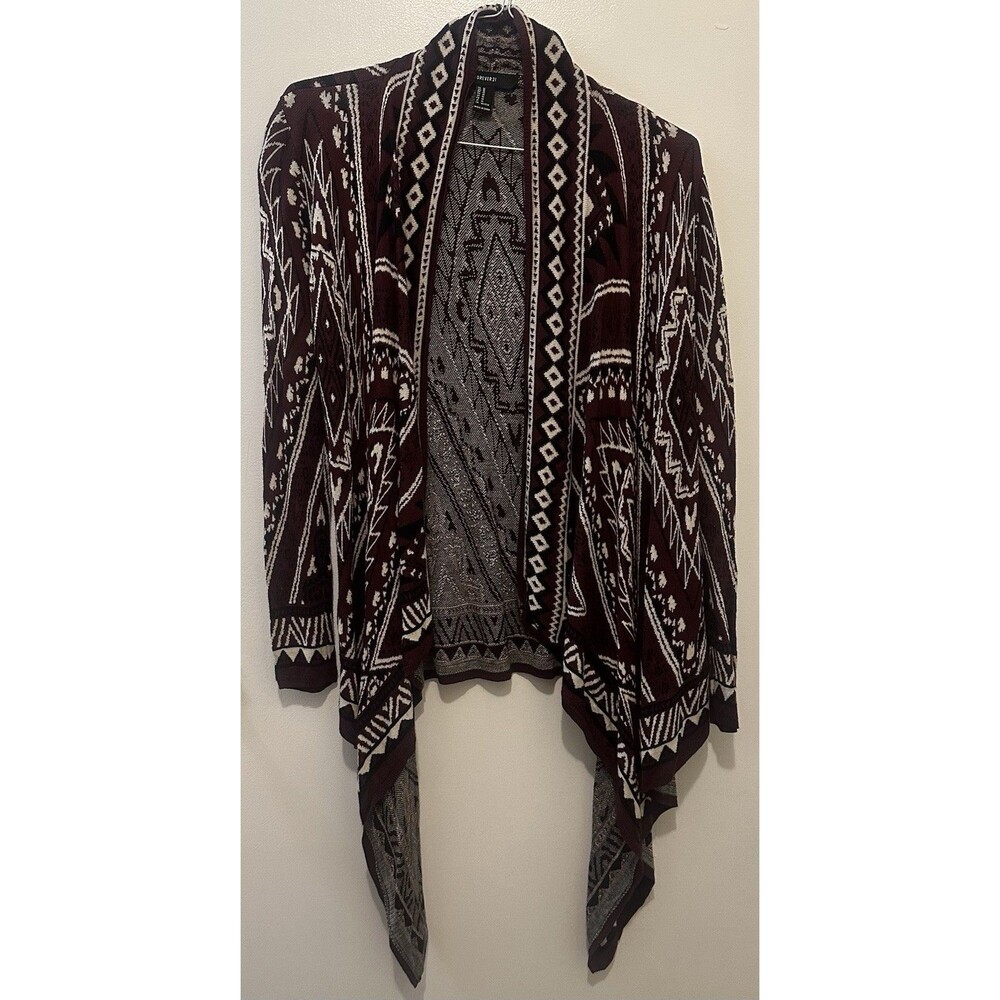 Red Forever 21 Cardigan Womens Sz med Red Multi Geo Print Knit Long Slv Poly